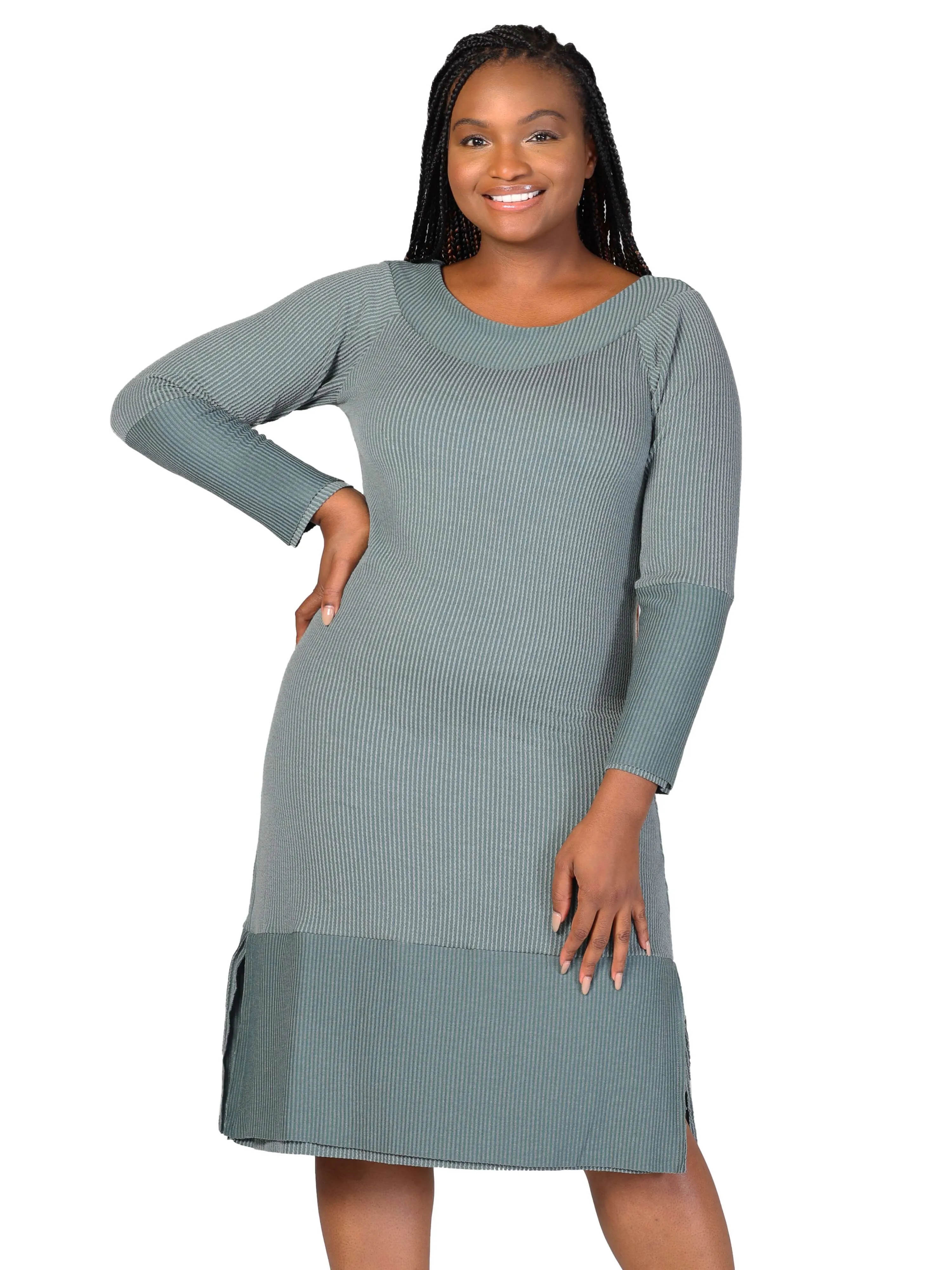 Plus Size Ribbed Knit Long Sleeve Split Hem Sweater Dress