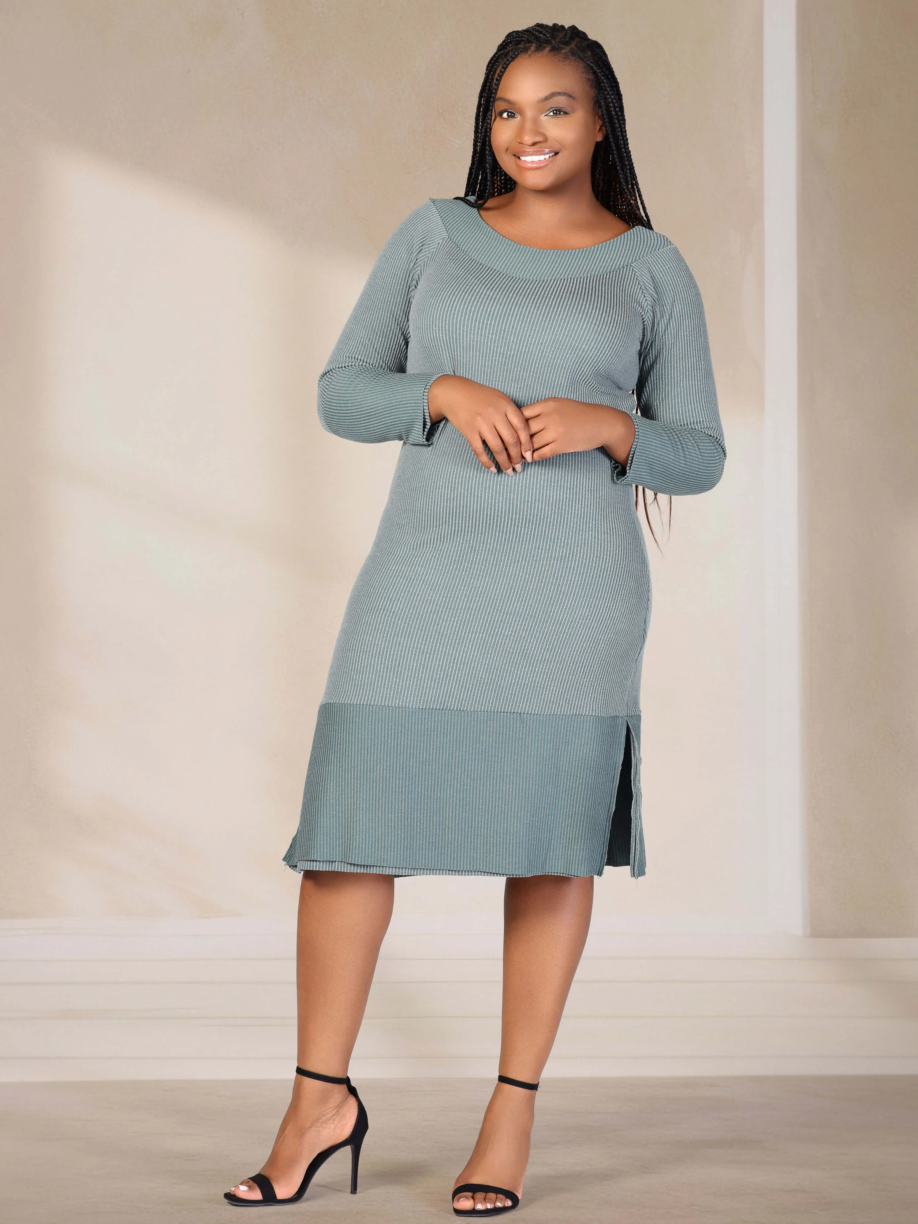 Plus Size Ribbed Knit Long Sleeve Split Hem Sweater Dress