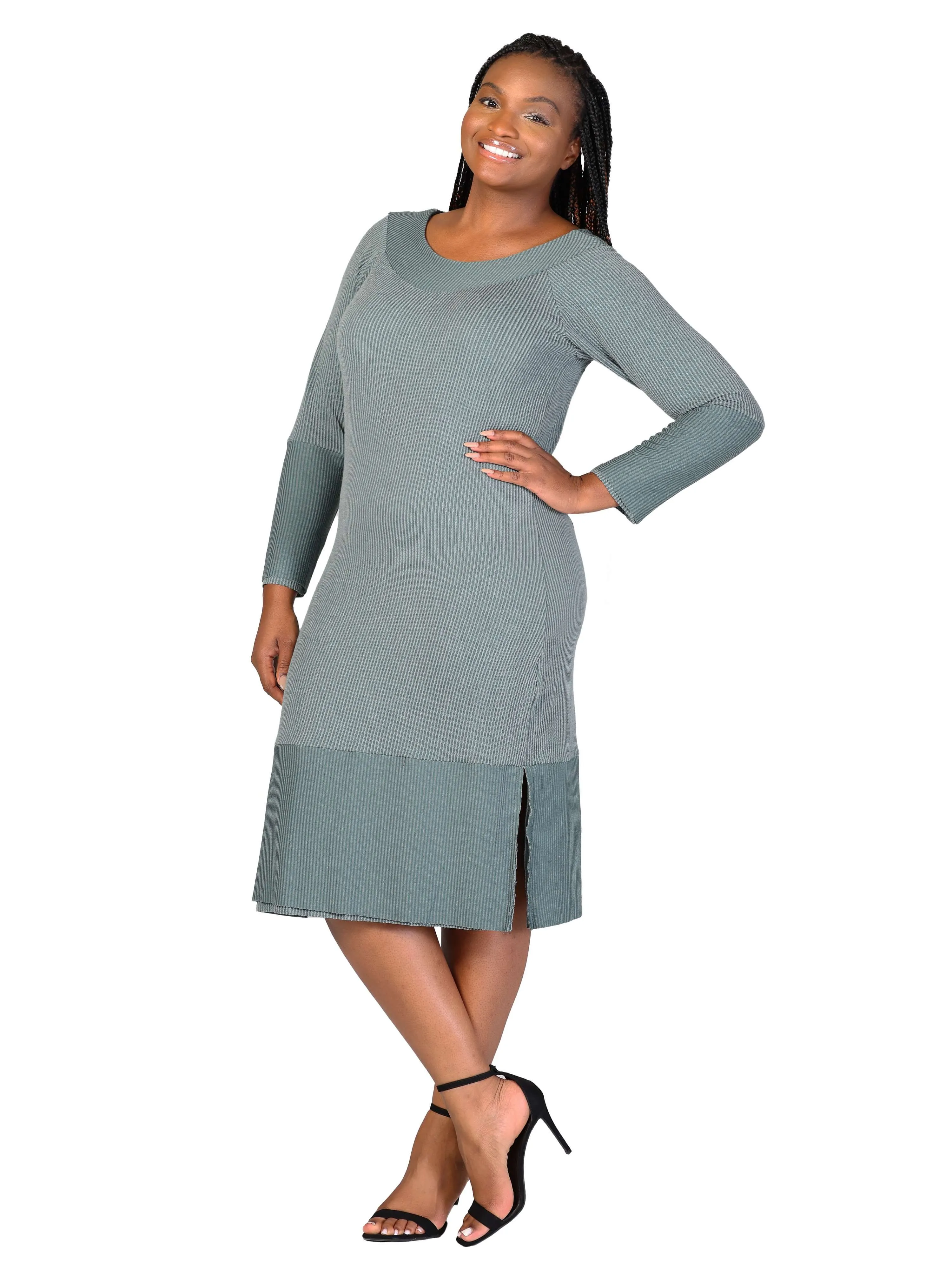 Plus Size Ribbed Knit Long Sleeve Split Hem Sweater Dress