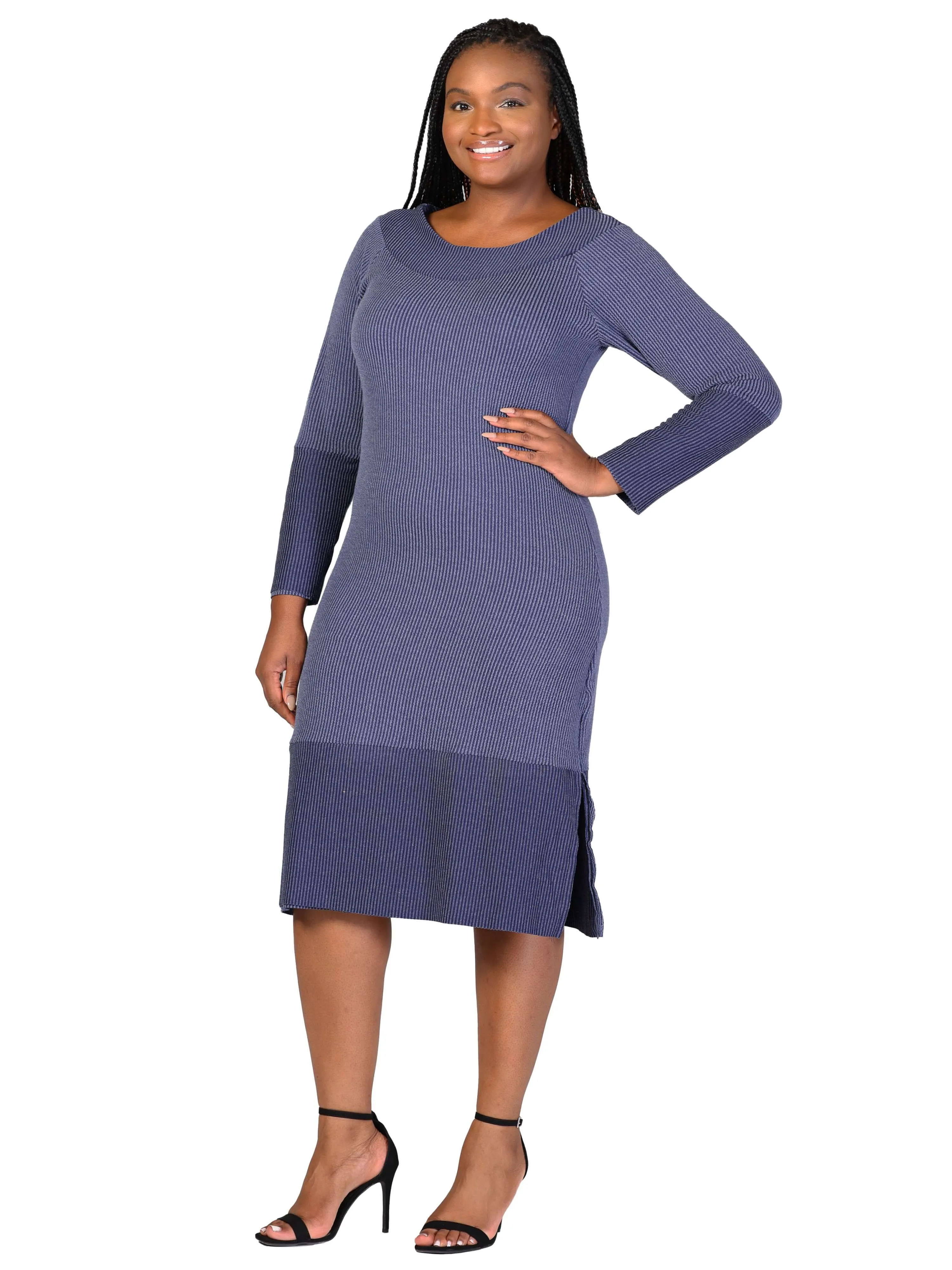 Plus Size Ribbed Knit Long Sleeve Split Hem Sweater Dress