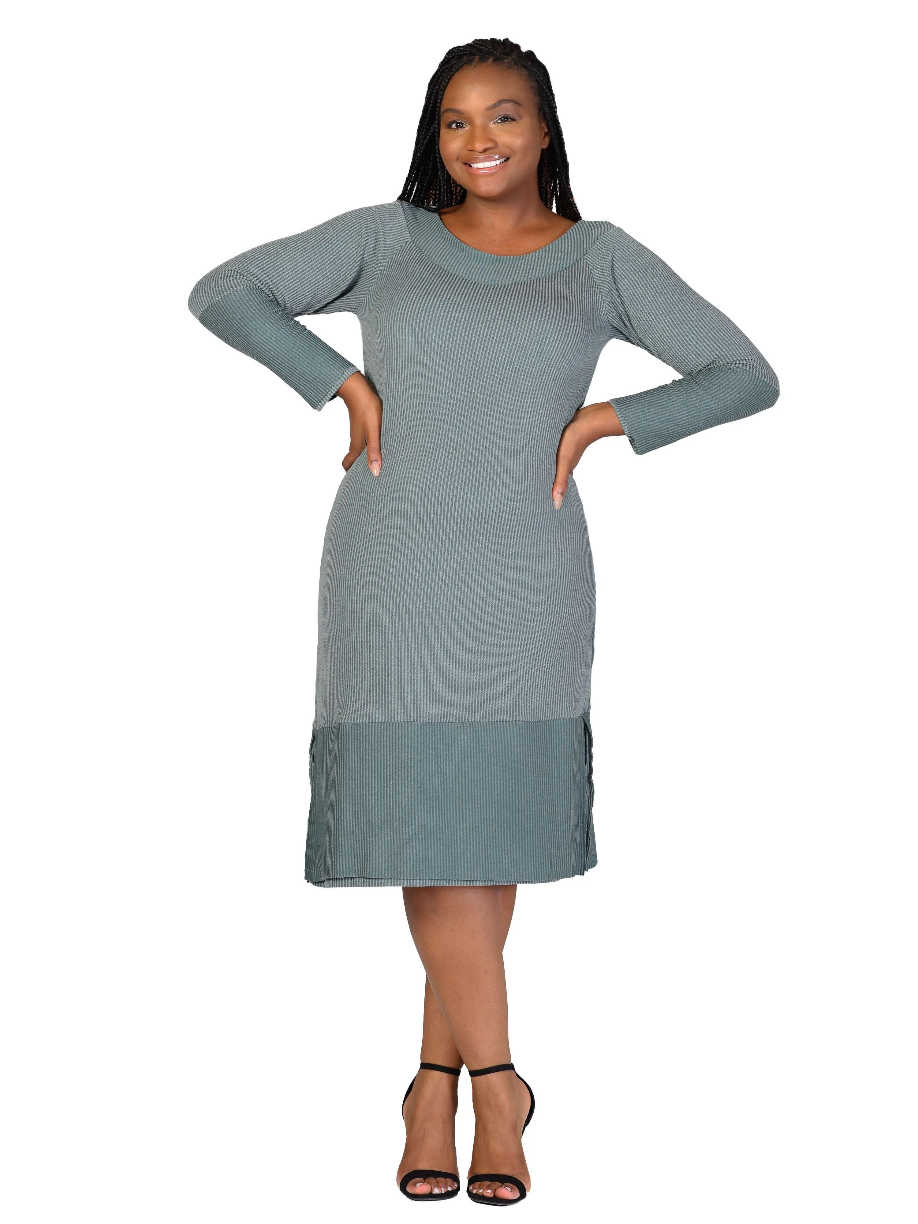 Plus Size Ribbed Knit Long Sleeve Split Hem Sweater Dress