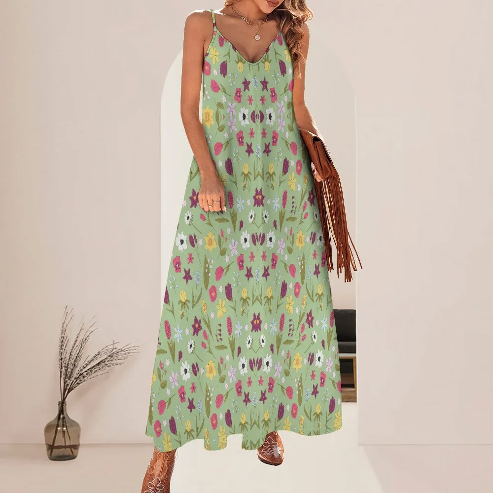 Plus Size Women's Floral Print Cami Spaghetti Strap Long Maxi Dress Green