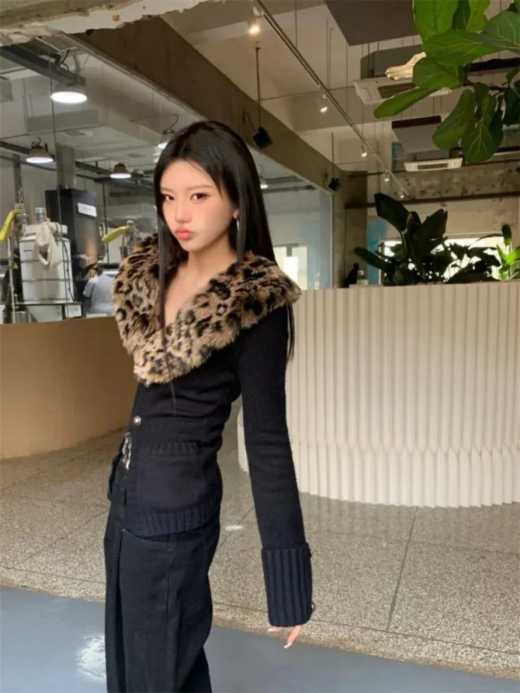 Purpdrank American V-neck Leopard Print Fur Collar Cardigan Autumn Winter New Sweaters Coat Women Y2k Slim Fit Long Sleeve Tops Mujer