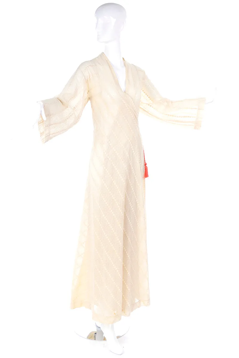 Rare Phyllis Sues Vintage 1970s Cream Raised Dot Maxi Dress W Tassels