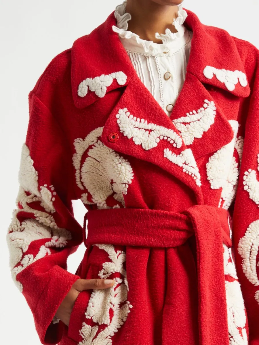 Red Sculpted Fleece Wrap Coat