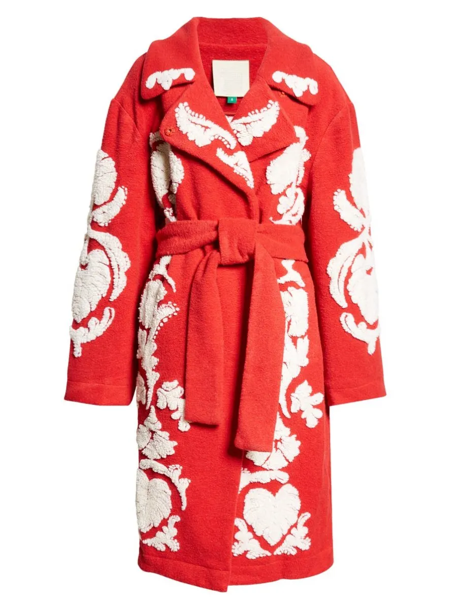 Red Sculpted Fleece Wrap Coat