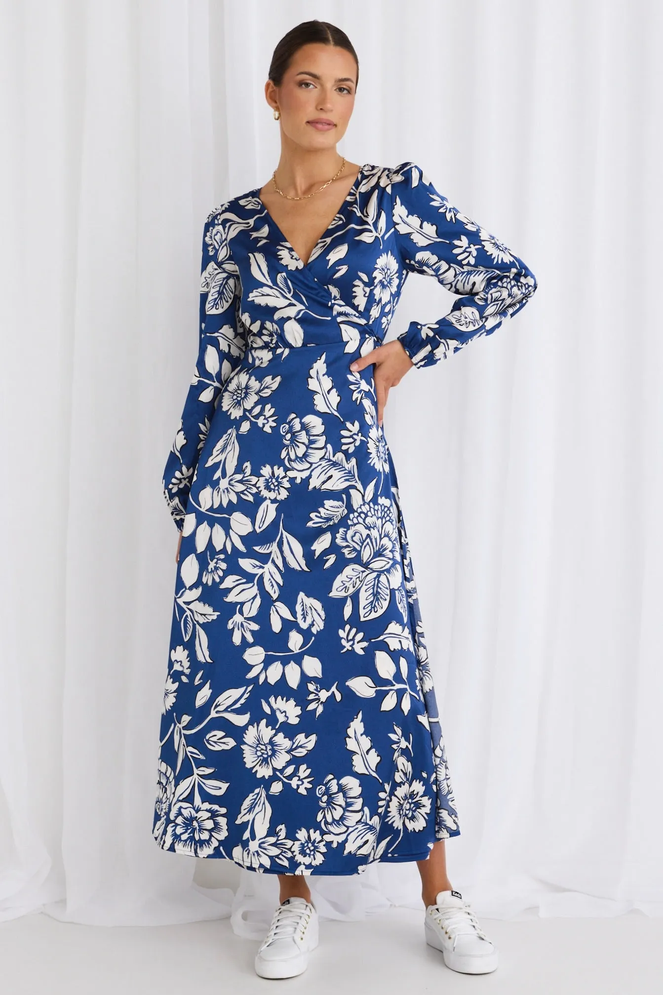 Resonance Blue Floral Satin LS Wrap Maxi Dress