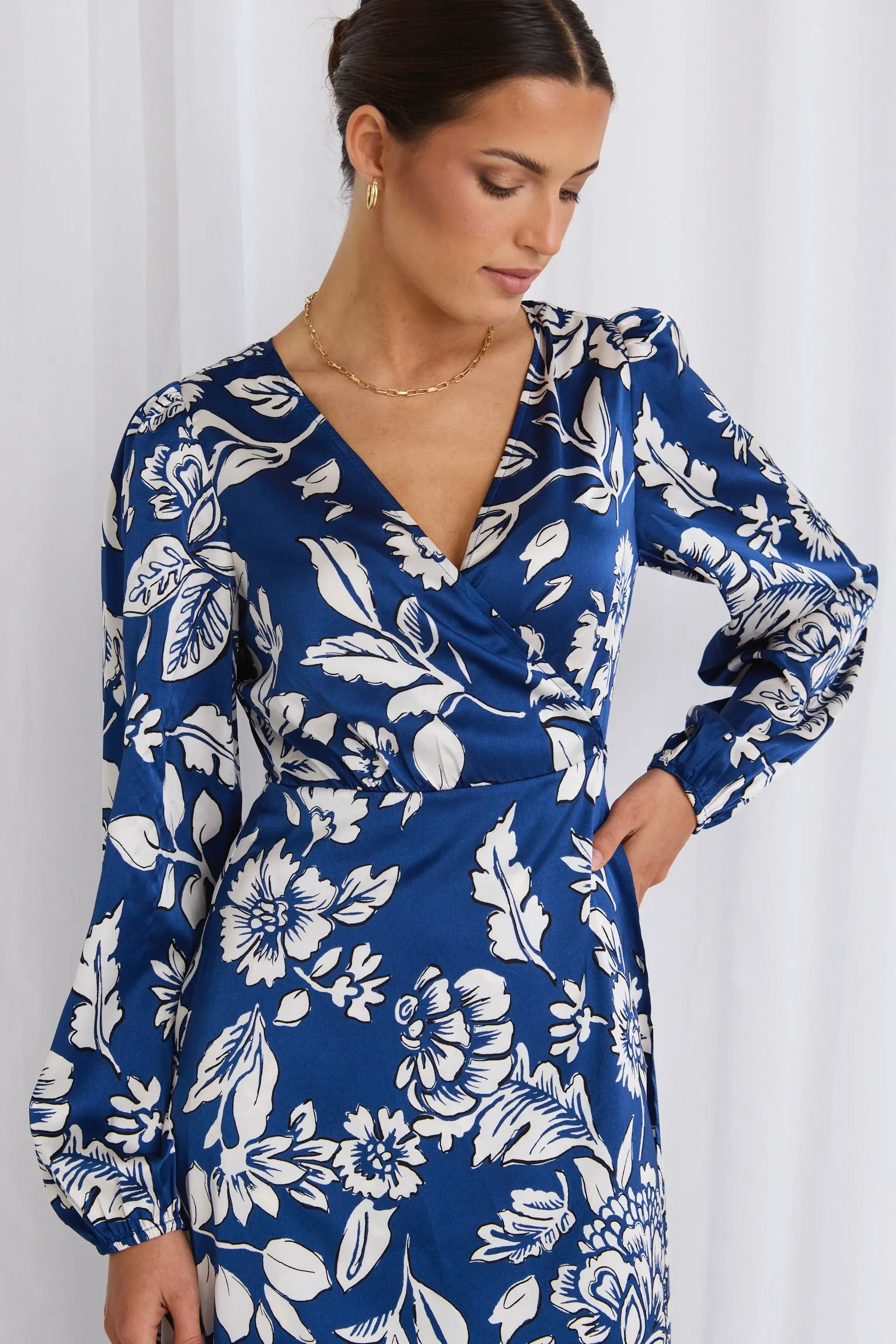 Resonance Blue Floral Satin LS Wrap Maxi Dress