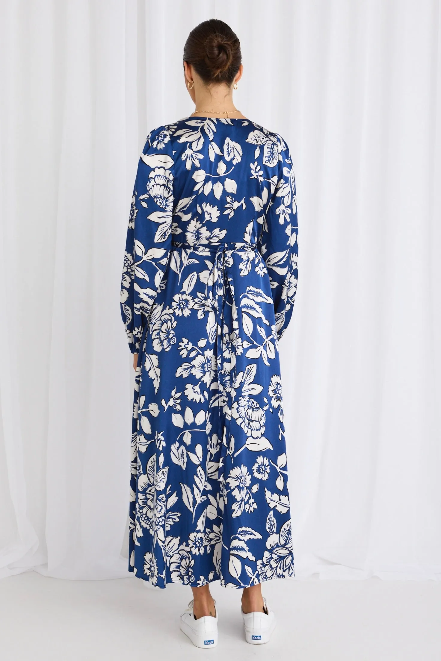 Resonance Blue Floral Satin LS Wrap Maxi Dress