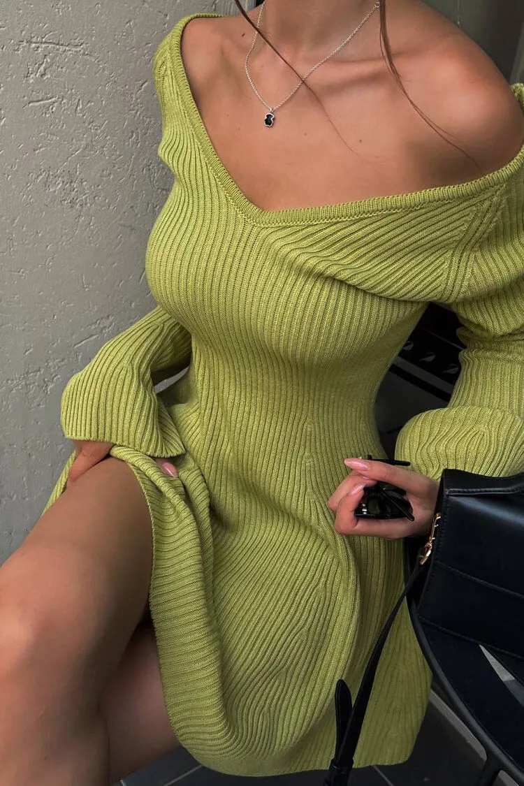 Sexy Deep V Neck Long Sleeve A Line Ribbed Knit Winter Party Mini Dress - Green