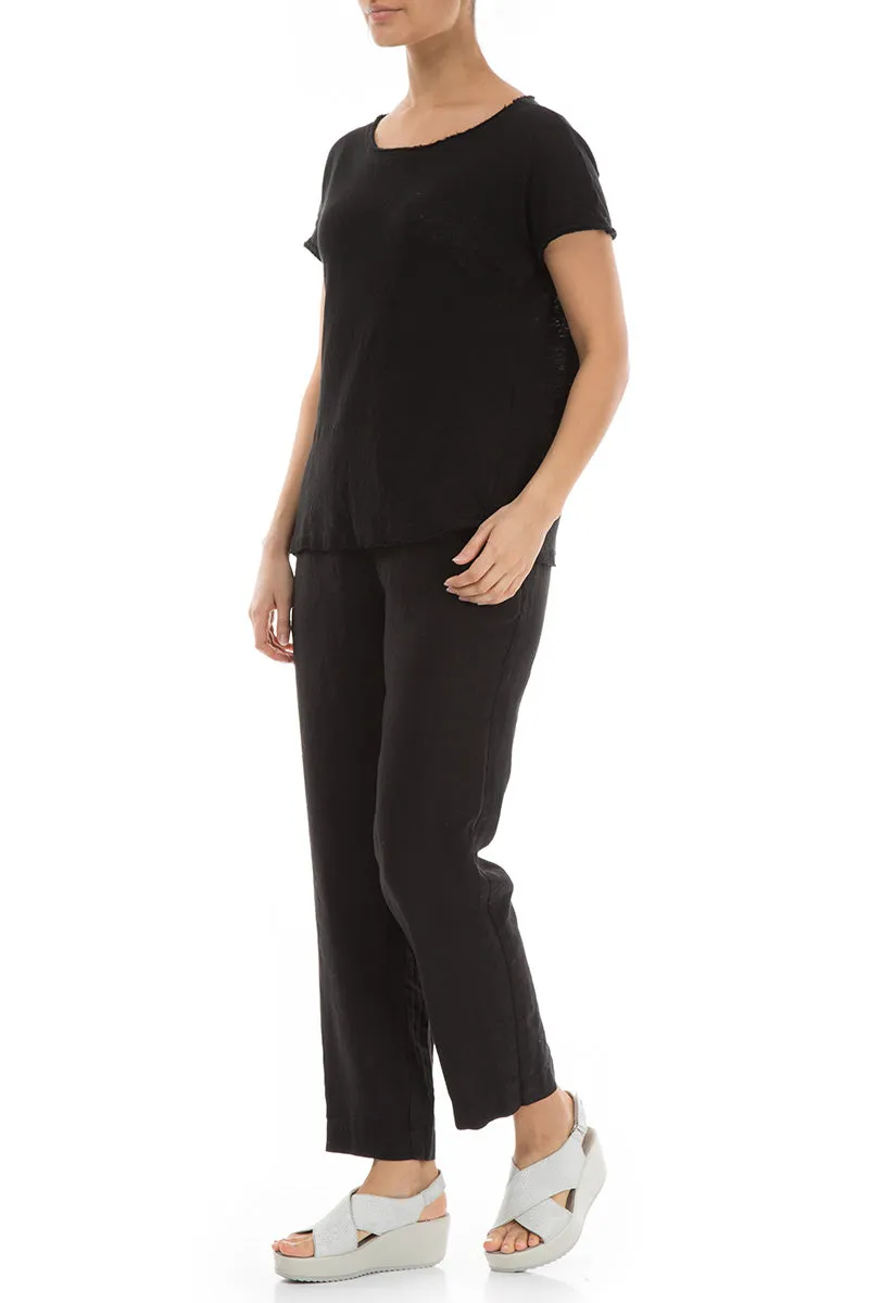 Short Sleeves Black Linen Jersey Top