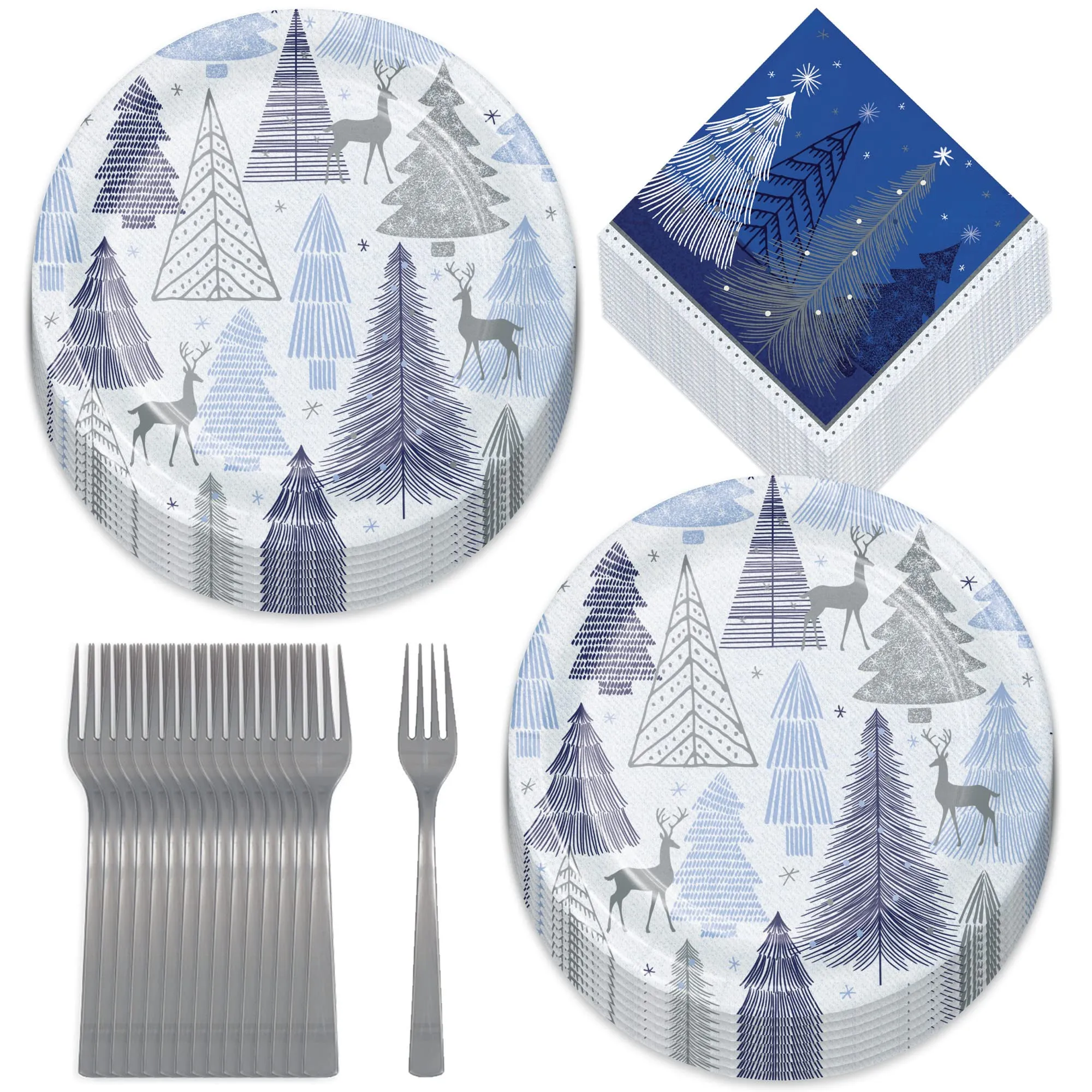 Silver & Blue Snowy Christmas Winter Deer Paper Plates, Napkins, and Forks (Serves 16)