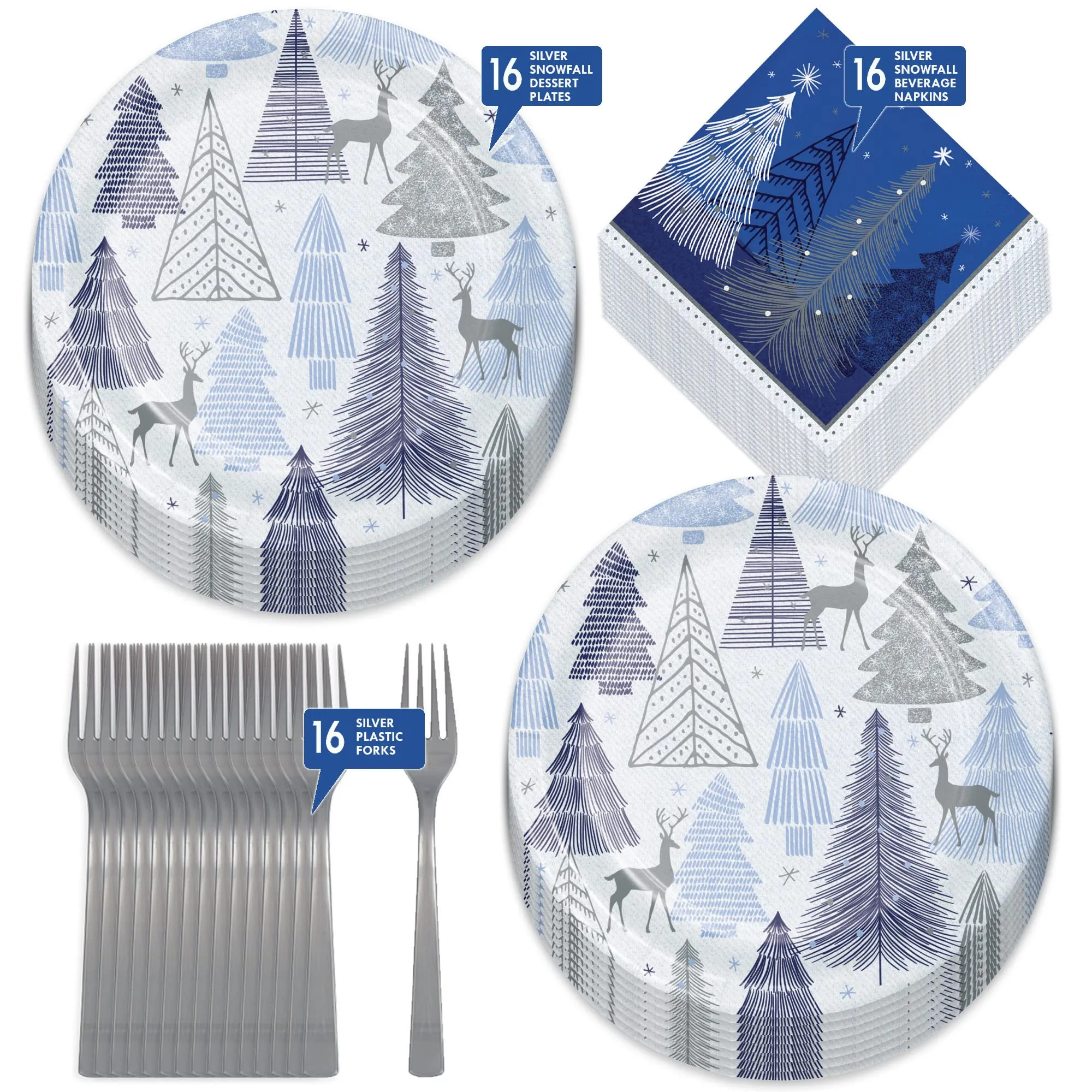 Silver & Blue Snowy Christmas Winter Deer Paper Plates, Napkins, and Forks (Serves 16)