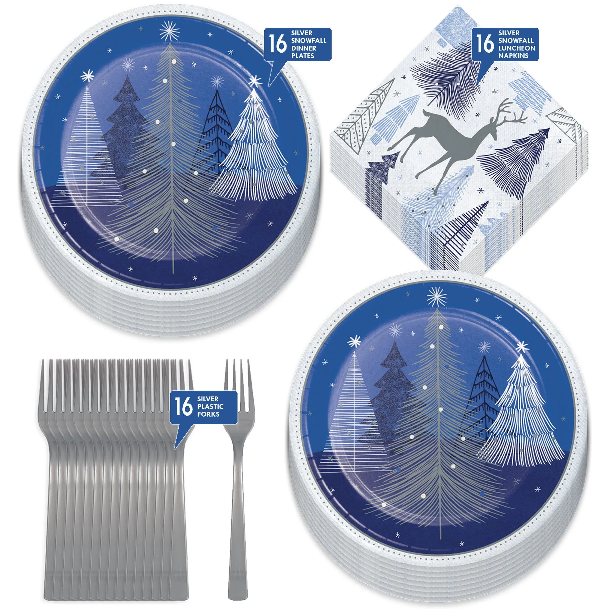 Silver & Blue Snowy Christmas Winter Night Paper Dinner Plates, Napkins, and Forks (Serves 16)