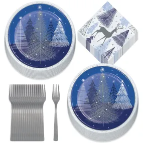 Silver & Blue Snowy Christmas Winter Night Paper Dinner Plates, Napkins, and Forks (Serves 16)