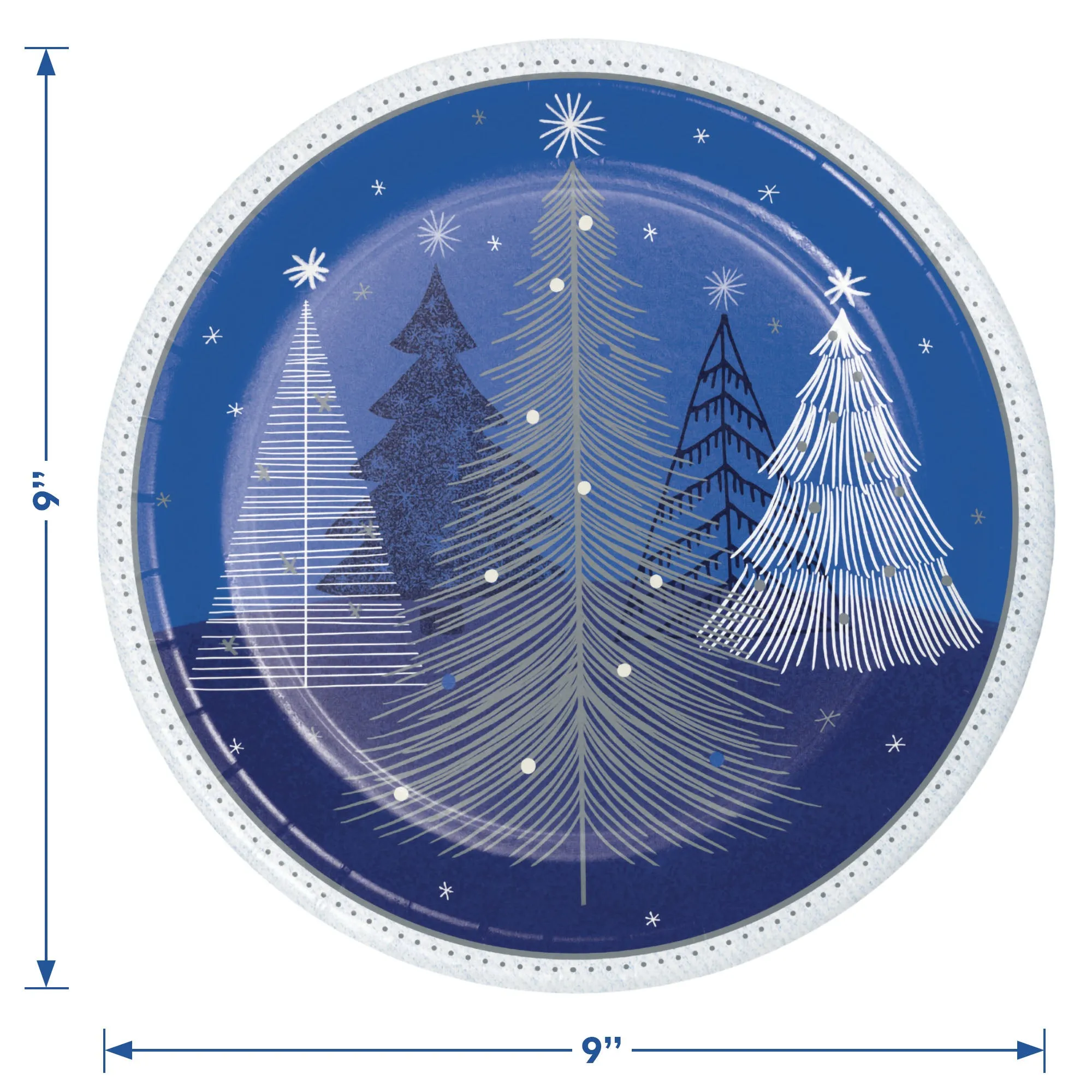 Silver & Blue Snowy Christmas Winter Night Paper Dinner Plates, Napkins, and Forks (Serves 16)