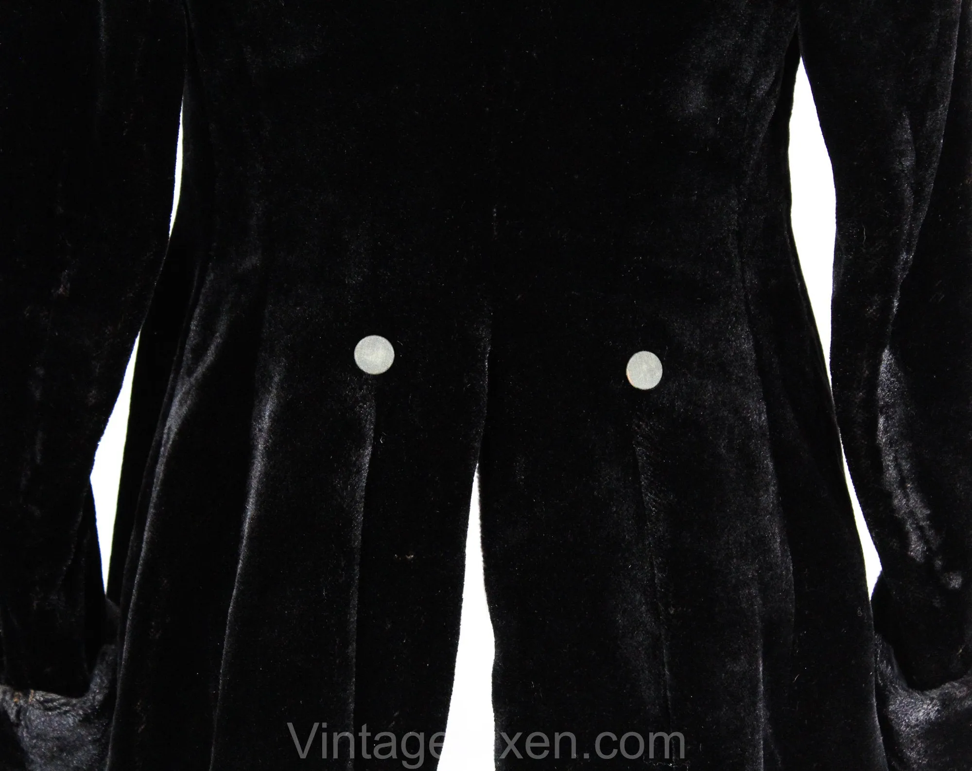 Size 8 Antique Faux Fur Coat - Black 1900s Edwardian Jacket - Full Sleeves & Standing Collar - Full Flared Skirt - Steampunk Goth - Bust 35