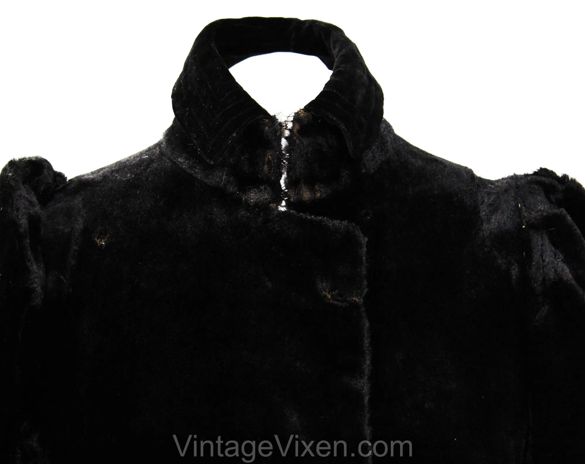 Size 8 Antique Faux Fur Coat - Black 1900s Edwardian Jacket - Full Sleeves & Standing Collar - Full Flared Skirt - Steampunk Goth - Bust 35