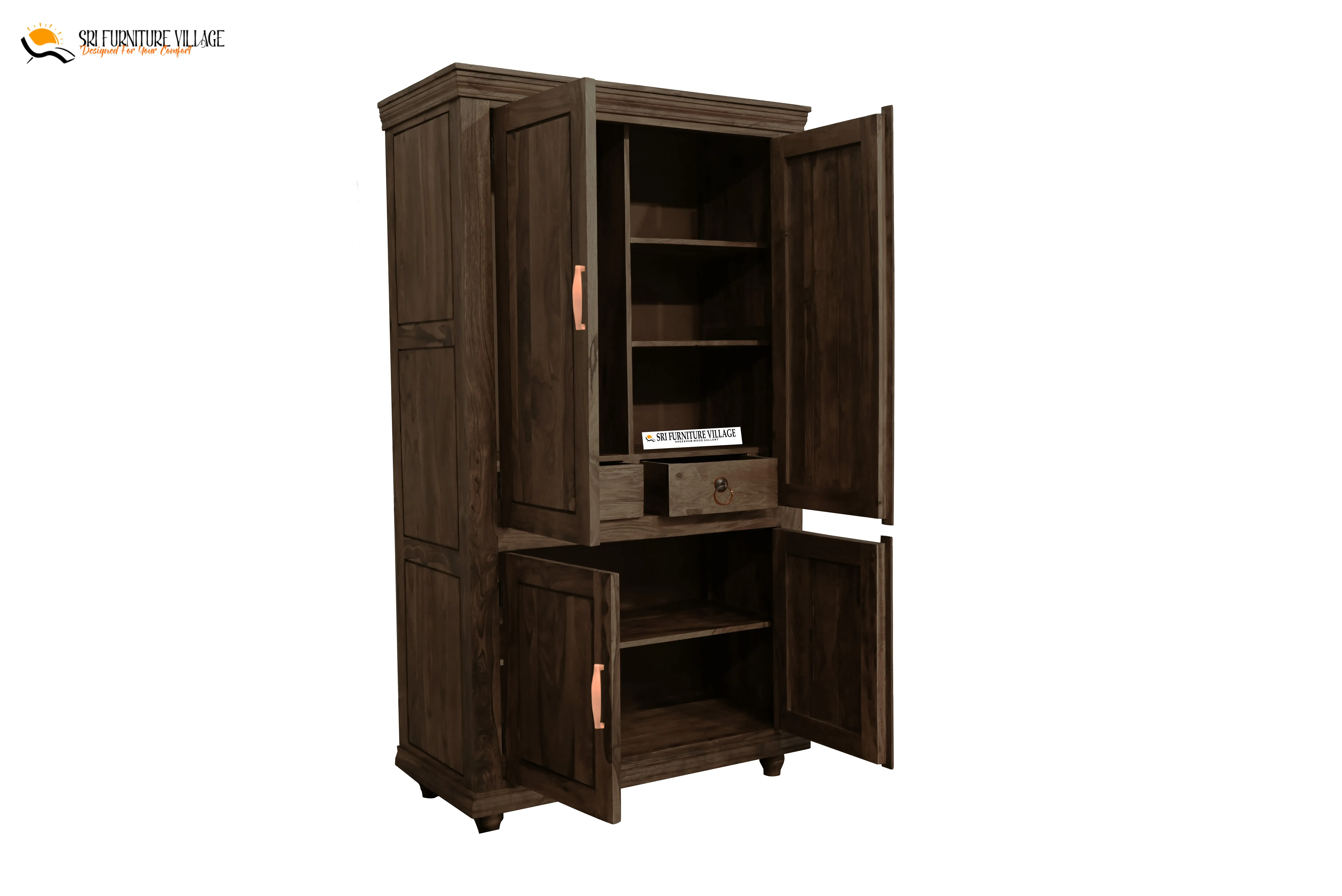 Solid Plain Door Sheesham Wood Wardrobe (Natural Finish) - 6127