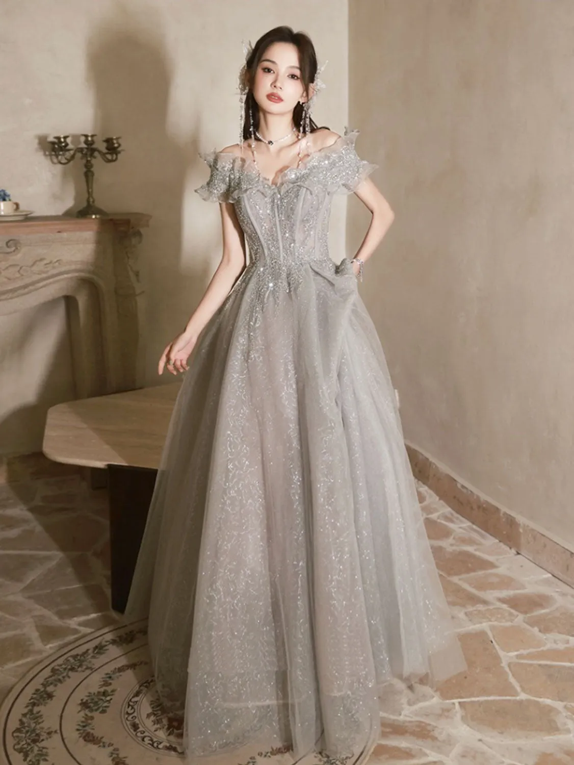 Sparkly Silver Grey A-line Maxi Off The Shoulder Prom Dress