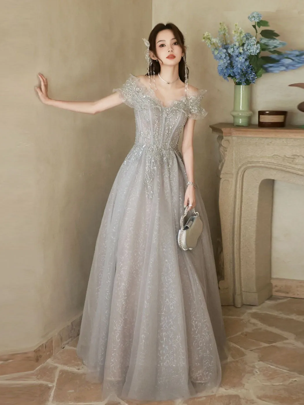 Sparkly Silver Grey A-line Maxi Off The Shoulder Prom Dress