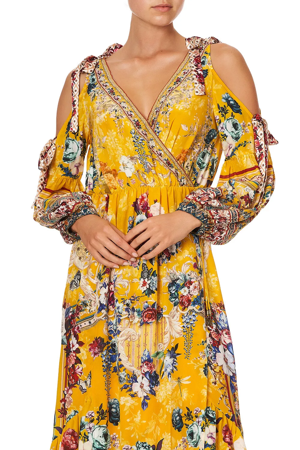 SPLIT SLEEVE WRAP DRESS CROWNED ROSES