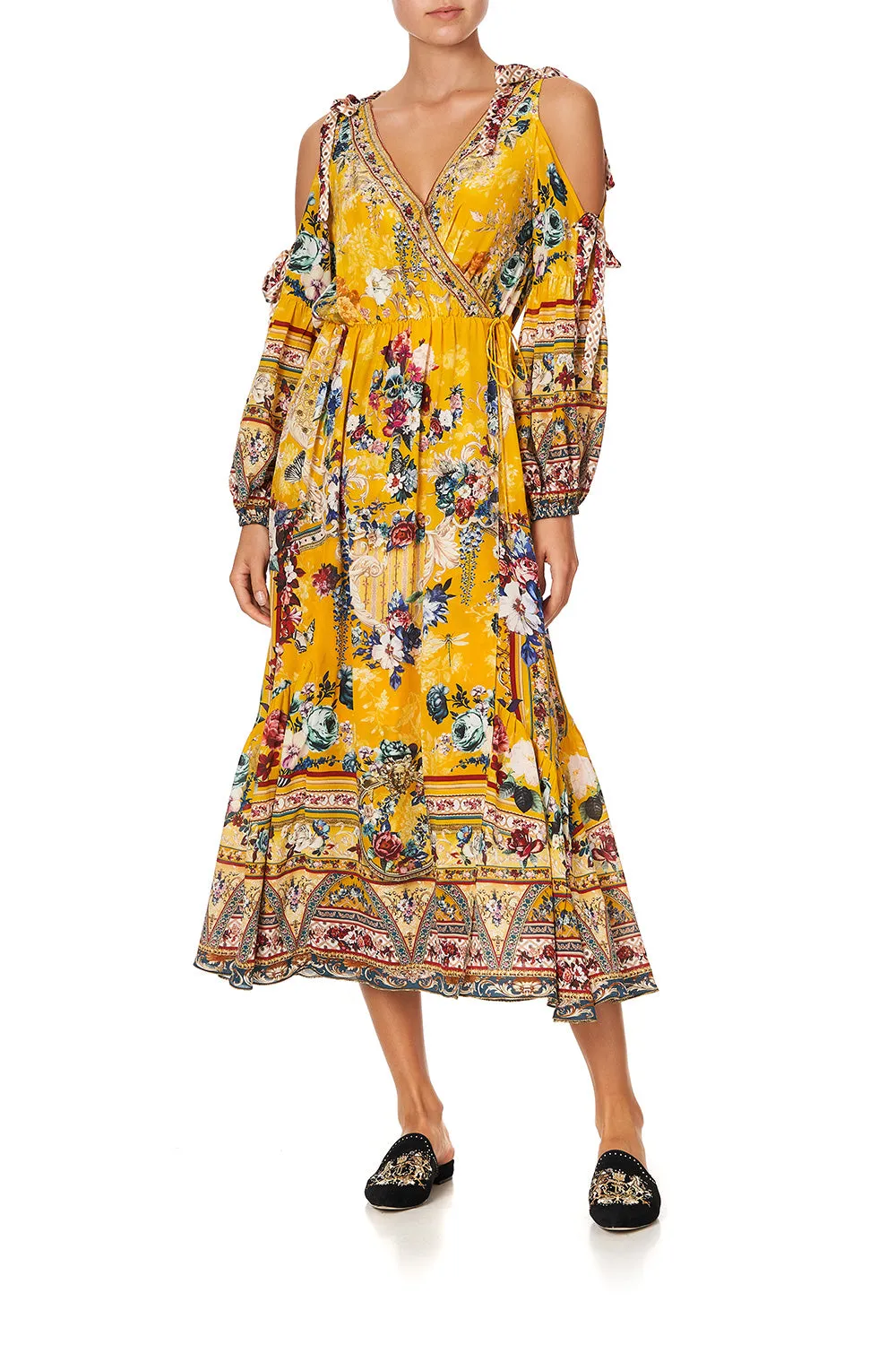 SPLIT SLEEVE WRAP DRESS CROWNED ROSES