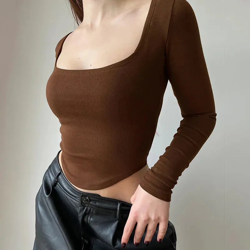 Square Collar Long Sleeve Y2K Stitch Autumn Bare Navel Solid Crop Knitted Top