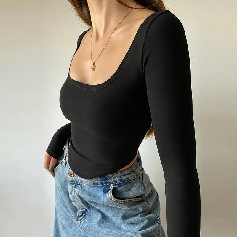 Square Collar Long Sleeve Y2K Stitch Autumn Bare Navel Solid Crop Knitted Top