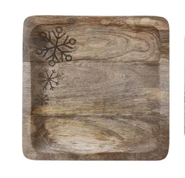 Square Wood Tray with etched snowflakes