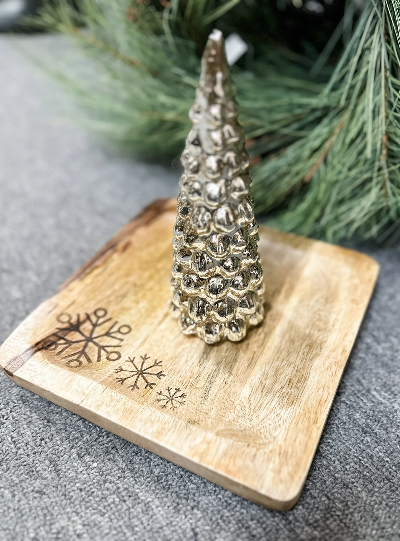 Square Wood Tray with etched snowflakes