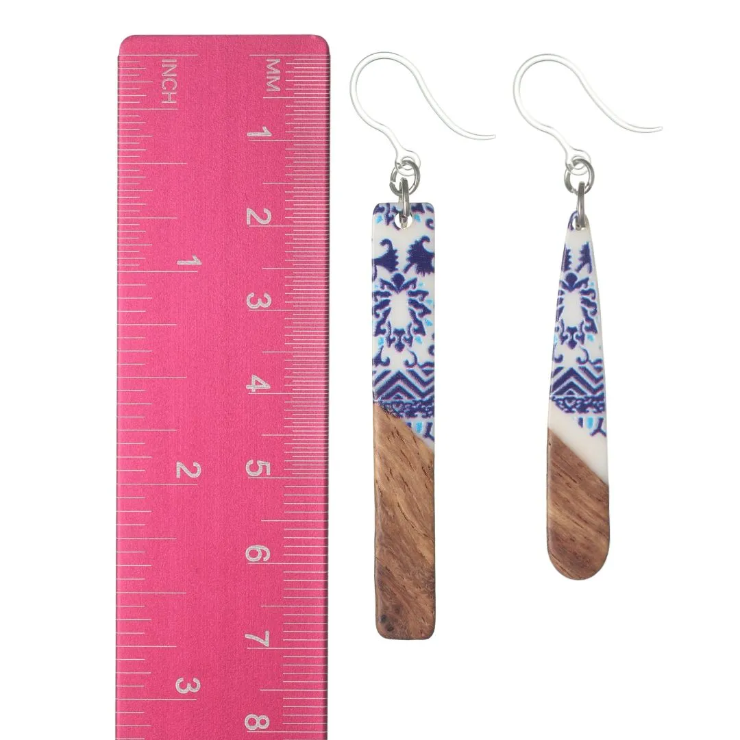 Stamped Wooden Celluloid Bar Dangles Hypoallergenic Earrings for Sensitive Ears Made with Plastic Posts