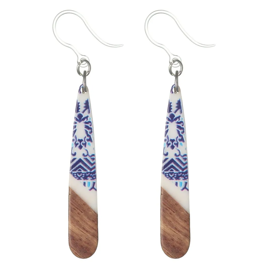 Stamped Wooden Celluloid Bar Dangles Hypoallergenic Earrings for Sensitive Ears Made with Plastic Posts