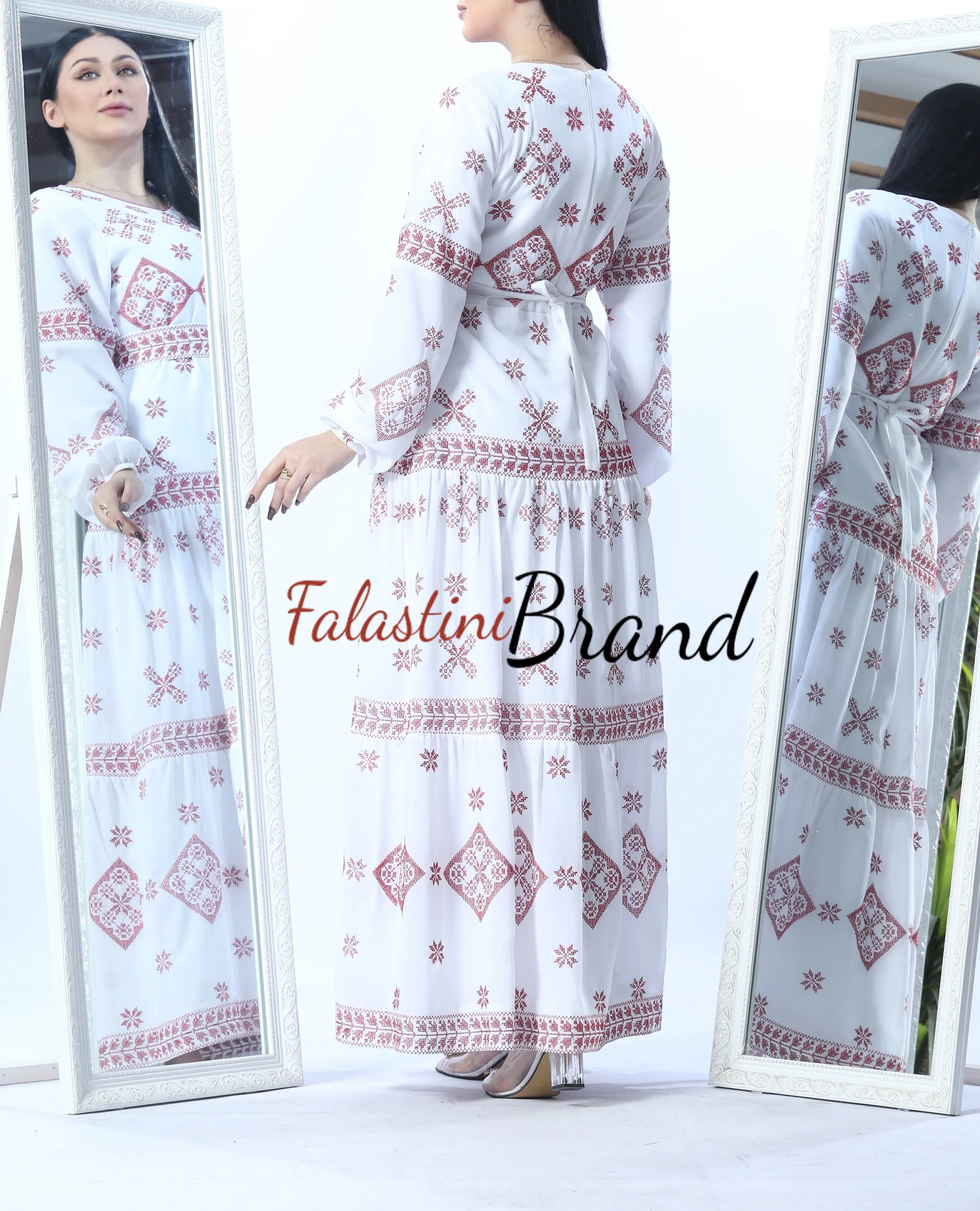 Stunning White And Red Cloche Long Dress Palestinian Embroidery