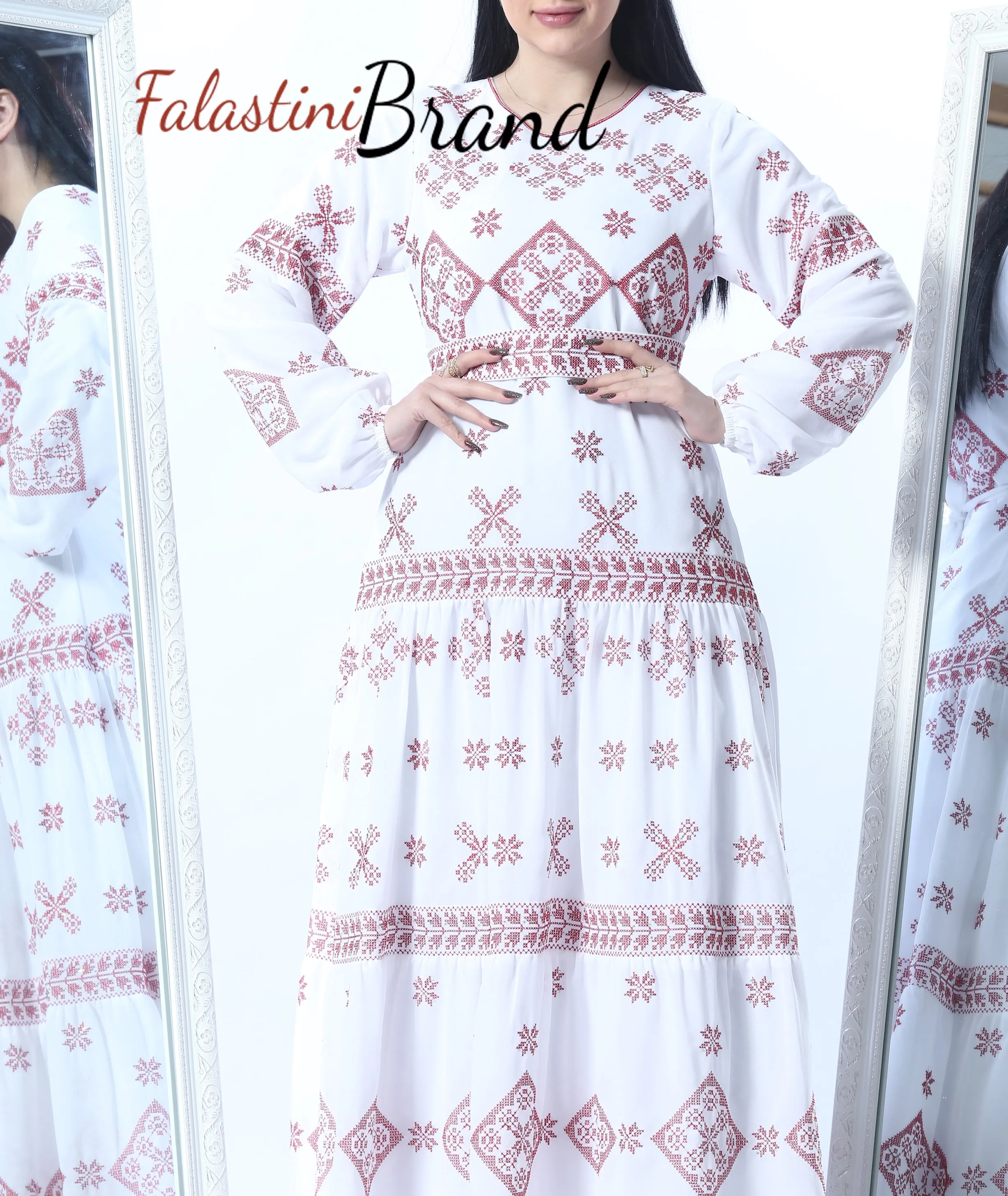 Stunning White And Red Cloche Long Dress Palestinian Embroidery