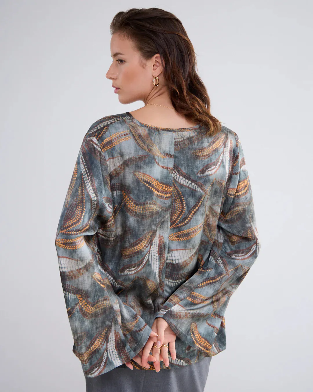 Summum Grey Leaf Print Flute Sleeve Top