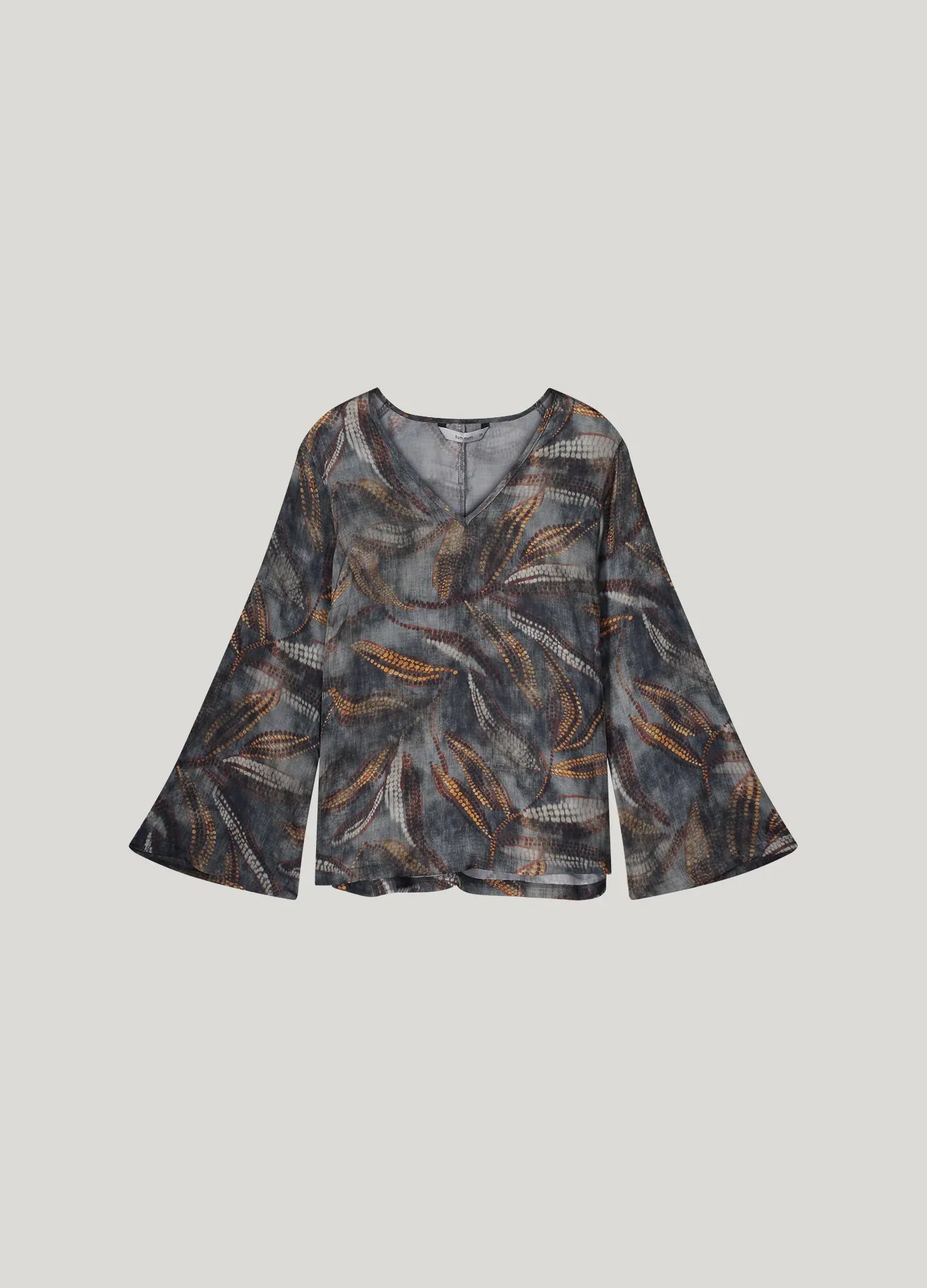 Summum Grey Leaf Print Flute Sleeve Top