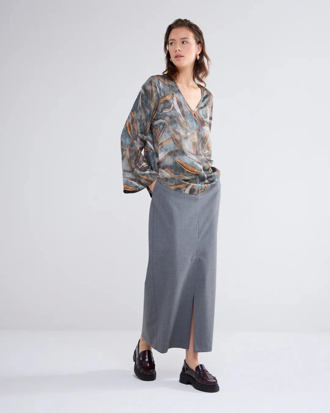 Summum Grey Leaf Print Flute Sleeve Top