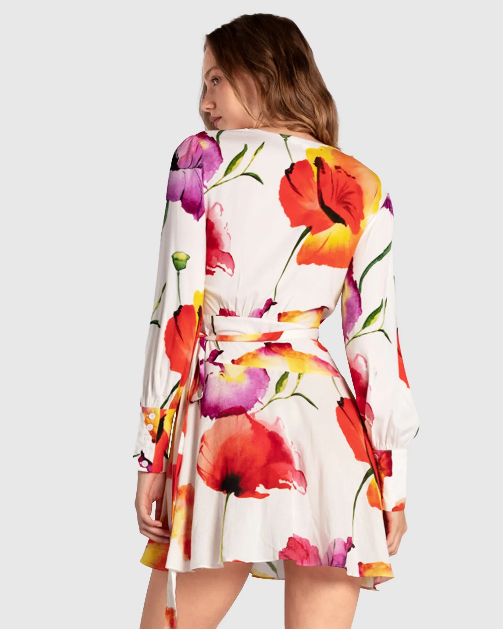 The Dancer Longsleeve Mini Wrap Dress - Wild Poppies