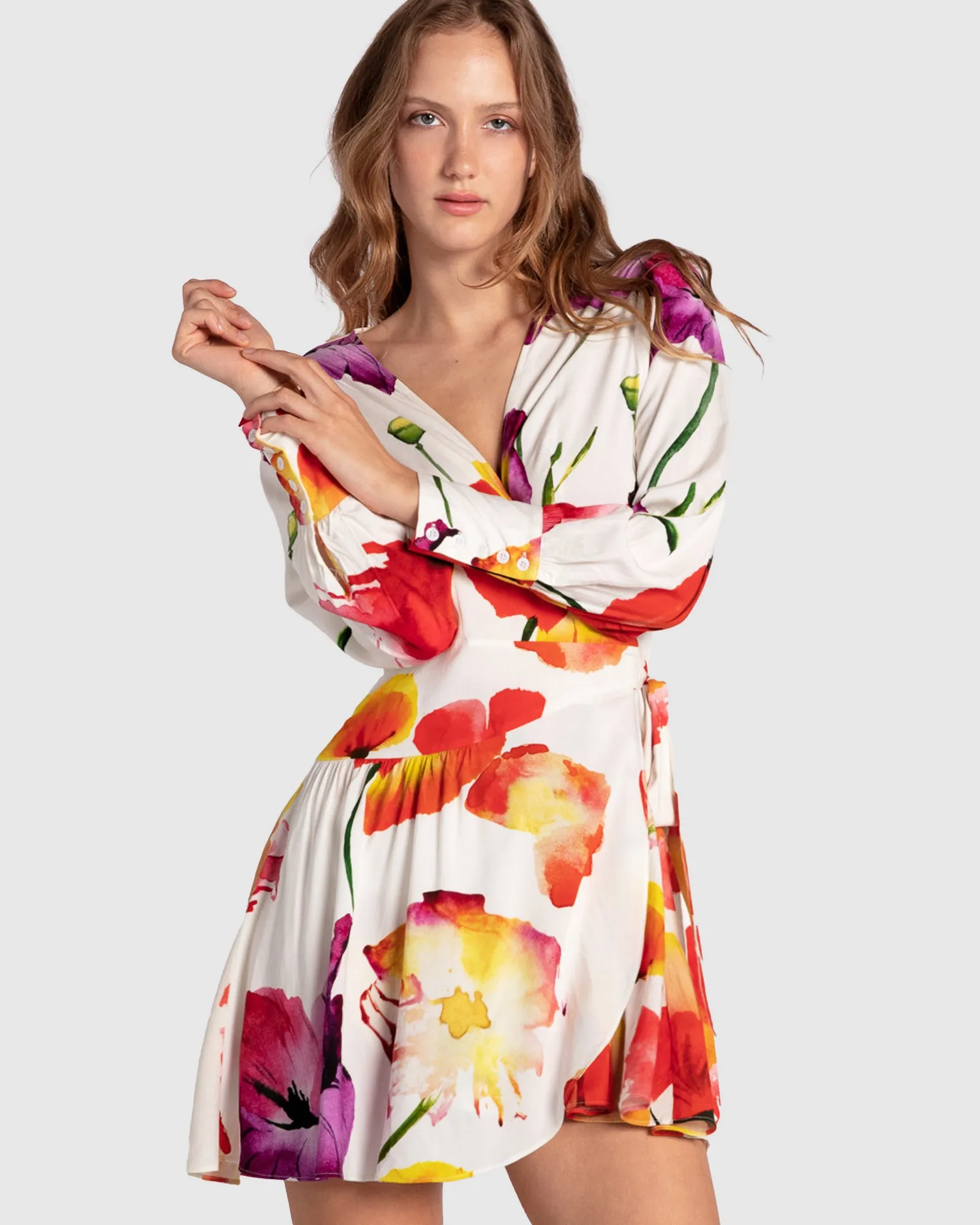 The Dancer Longsleeve Mini Wrap Dress - Wild Poppies