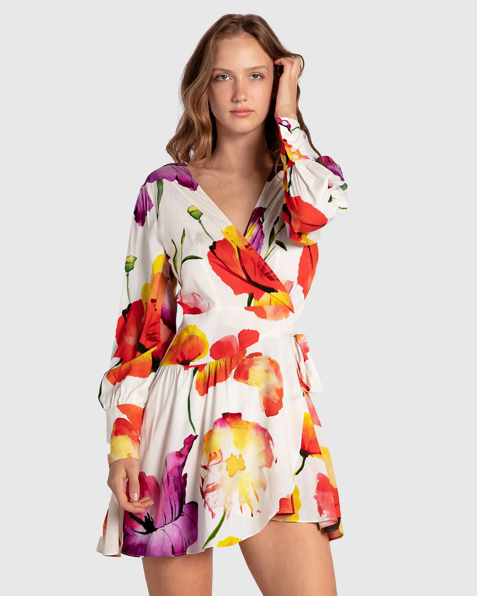 The Dancer Longsleeve Mini Wrap Dress - Wild Poppies