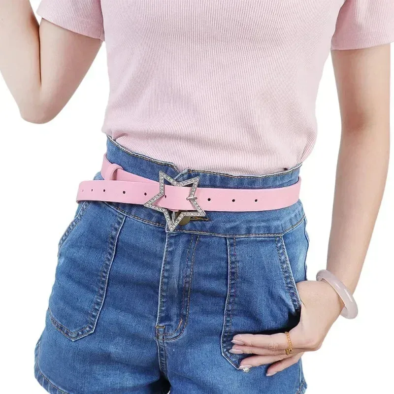 Trendy Star Buckle Leather Embellished Rhinestone Belt