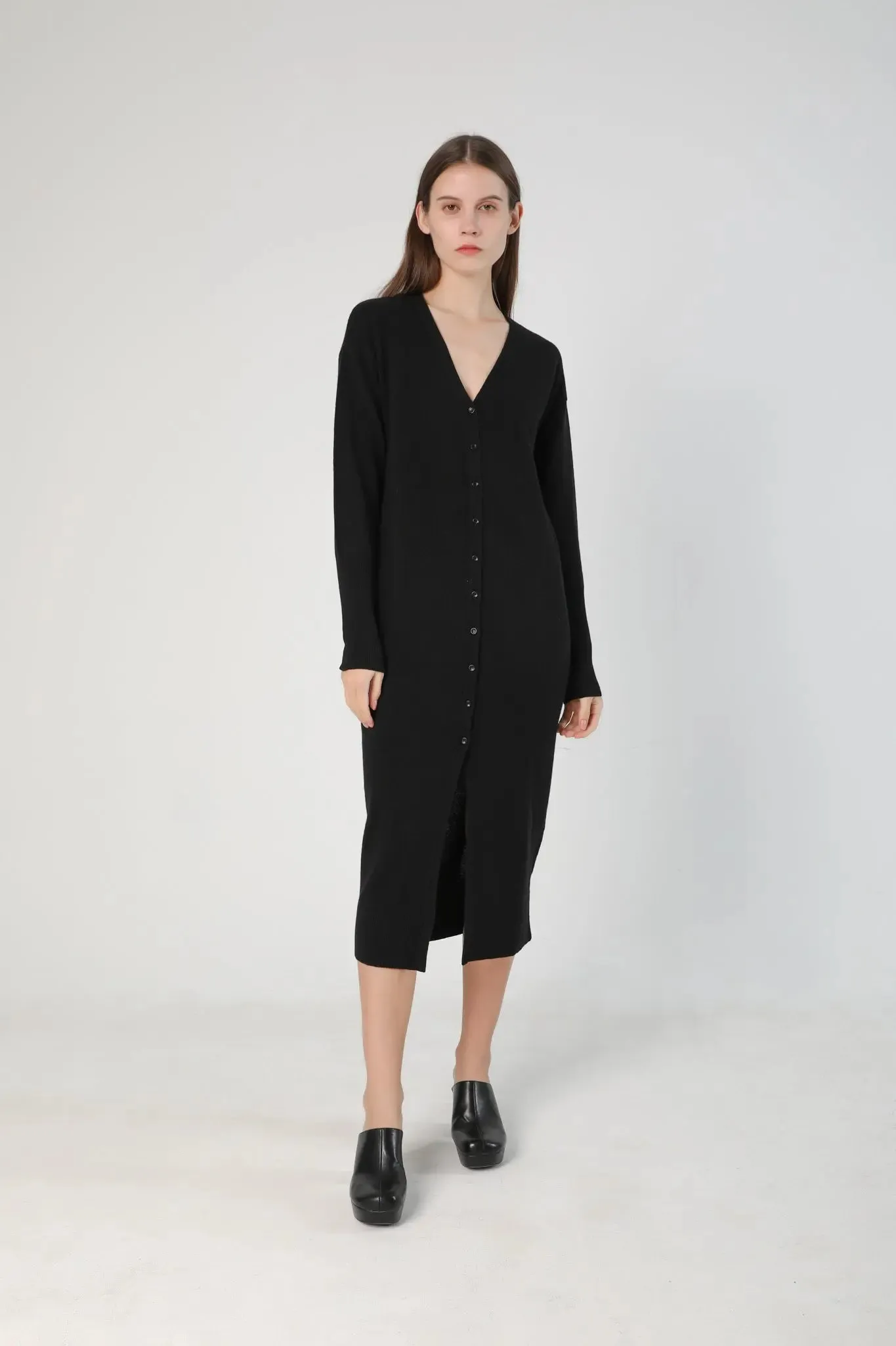 V-Neck Cardigan Sweater Dress in Merino Wool