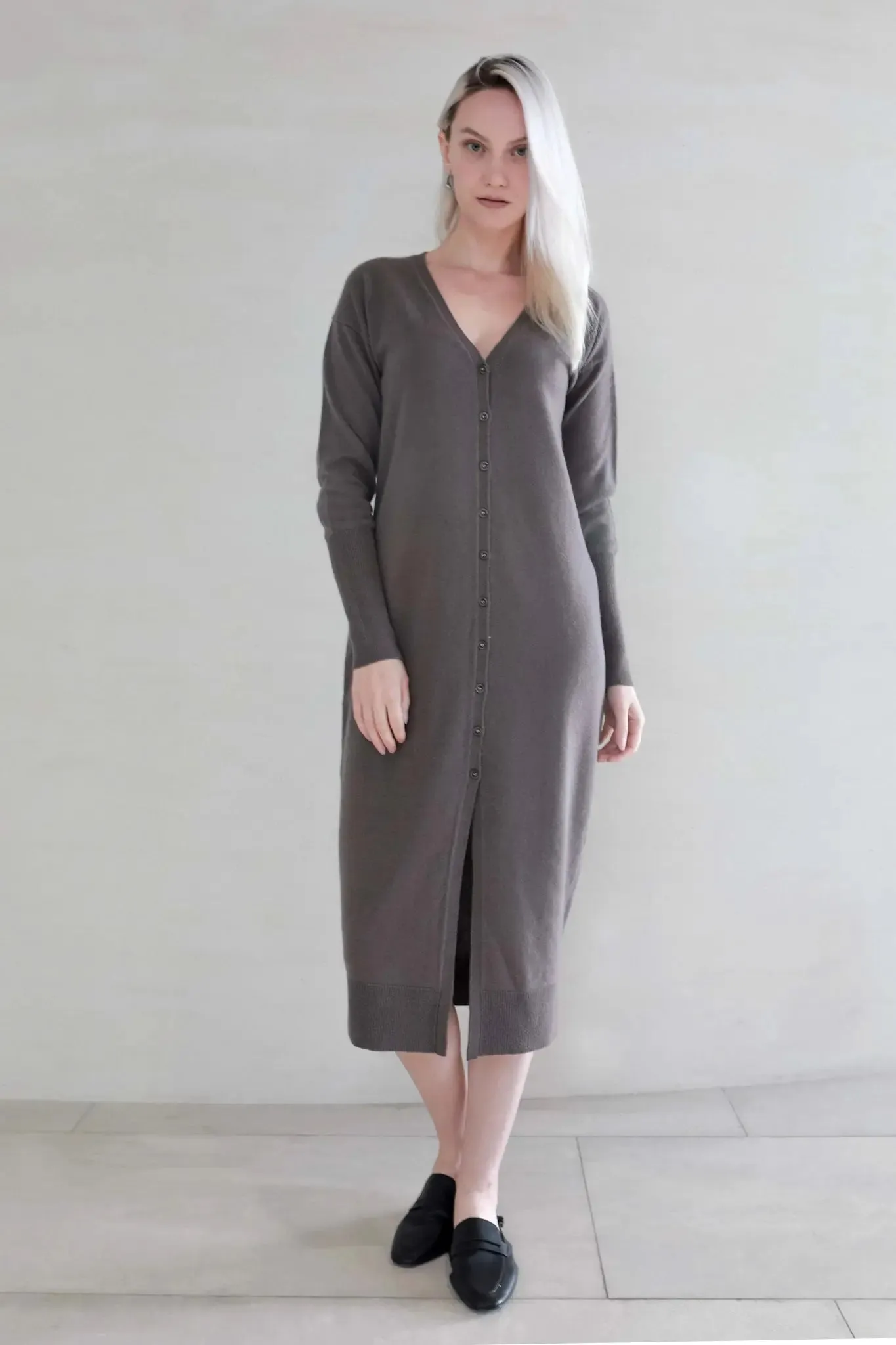 V-Neck Cardigan Sweater Dress in Merino Wool