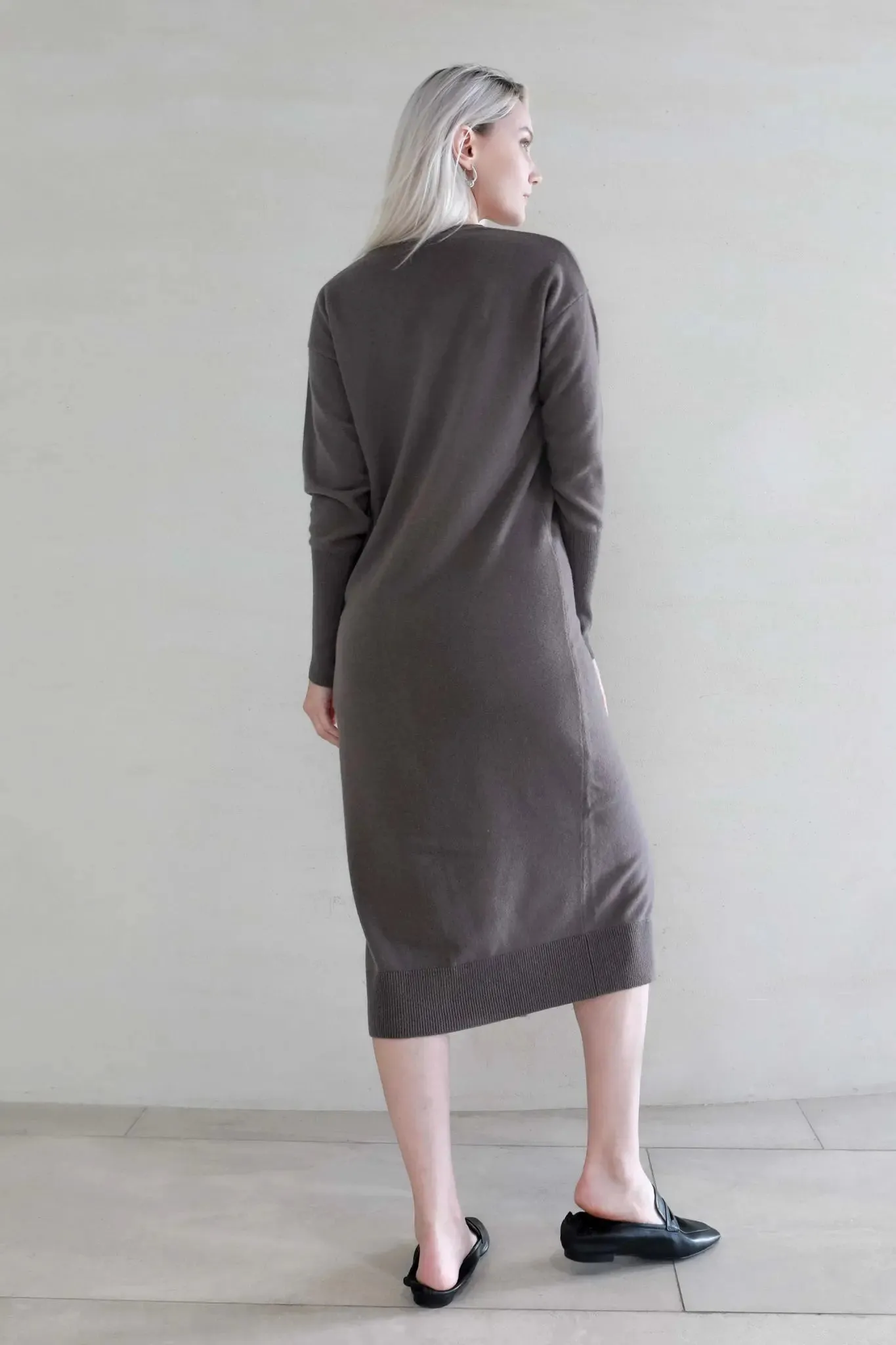 V-Neck Cardigan Sweater Dress in Merino Wool