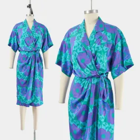 Vintage 80s Floral Short Sleeve Cocktail Tie Waist Sarong Midi Dress size S