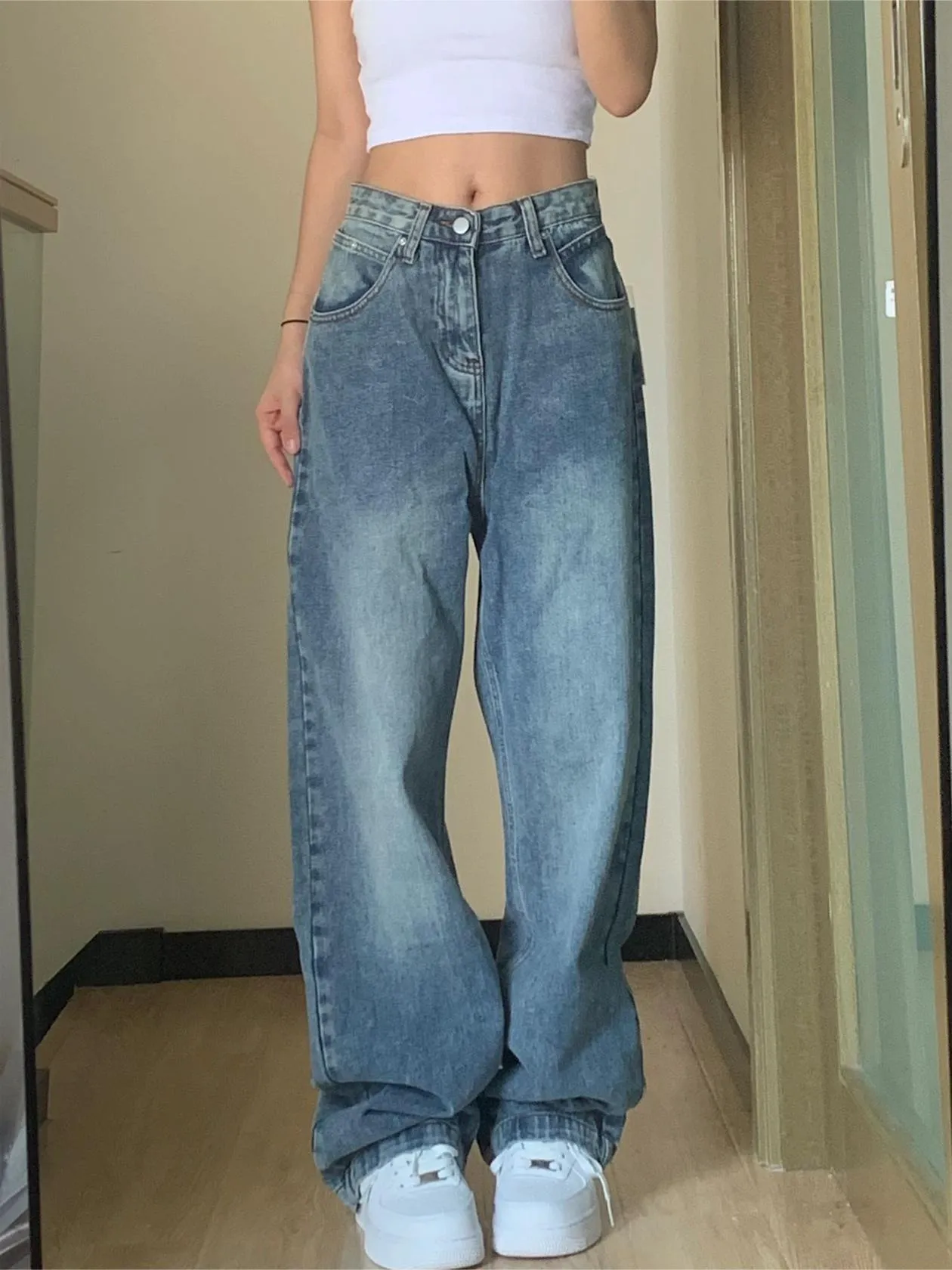 Wenkouban Blue basic boyfriend jeans with a washed look