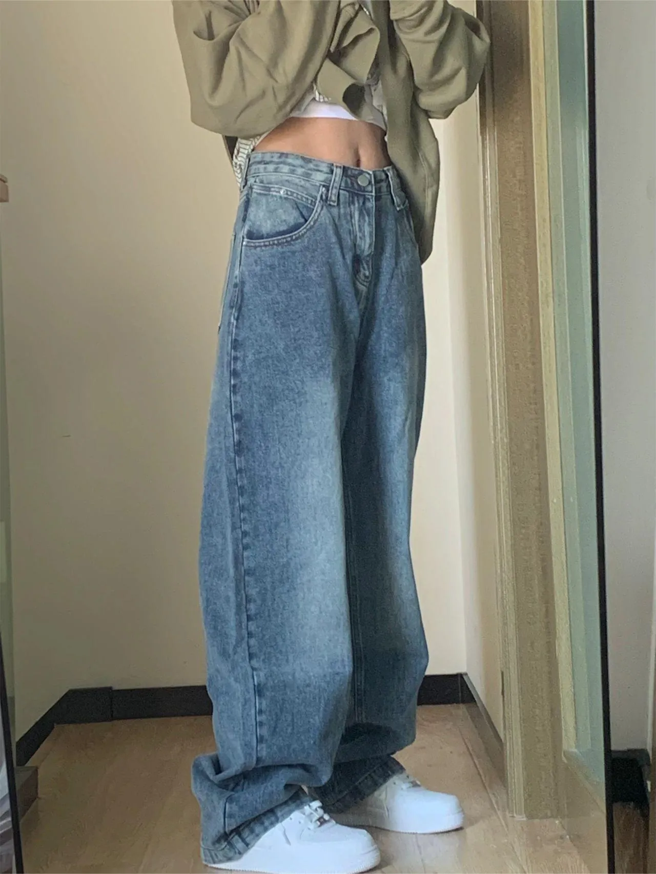 Wenkouban Blue basic boyfriend jeans with a washed look