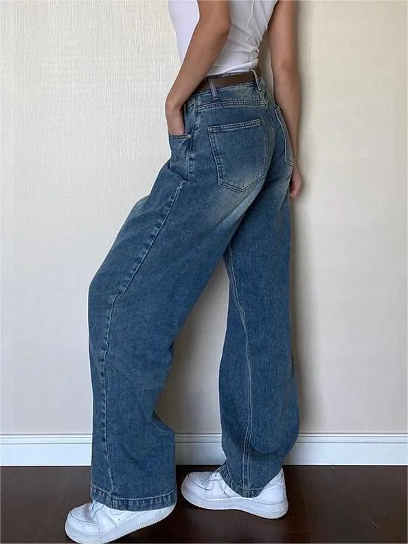 Wenkouban Vintage blue boyfriend jeans with a washed look