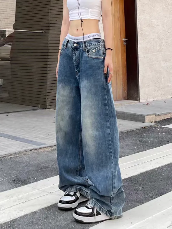 Wenkouban Vintage blue boyfriend jeans with washed effect